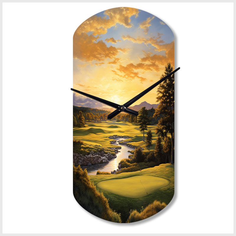 Golf Golden Hour Golf - Horloges murales asymétriques modernes en métal, impression d'horloge murale de forme unique, Grand