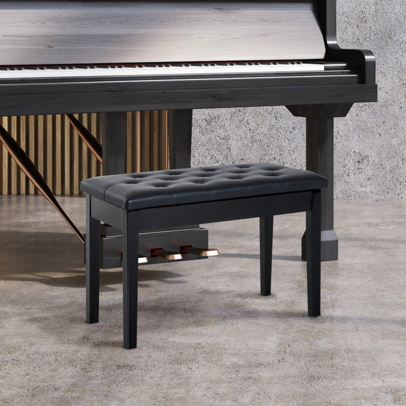 Black Duet Piano Bench With Faux Leather Padding And Wooden Structure Keyboard Cushion Solid Frame For Duets