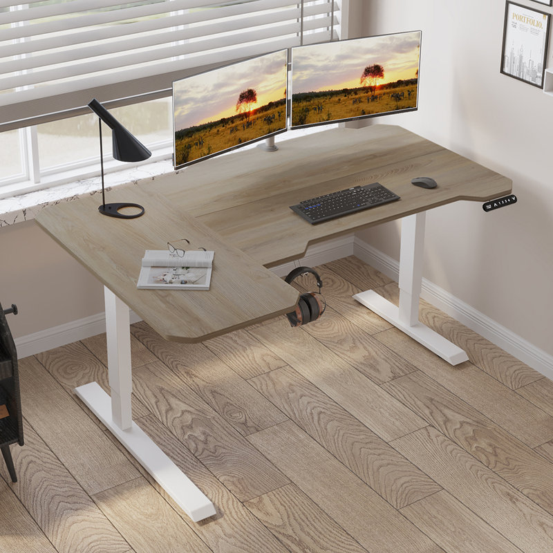 Daycia Height Adjustable L-Shape Standing Desk, Oak/White