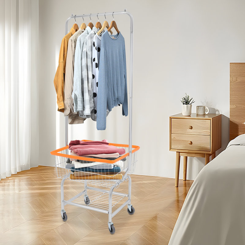 Large Capacity Clothes Cart, Rolling Laundry Cart, Laundry Cart With Hanging Rod, Silver/Orange
