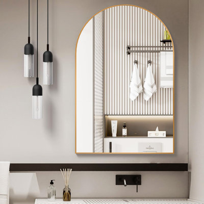Miroir de salle de bain mural 24 po x 32 po, cadre en aluminium brossé, caractéristiques, feuille de route d'installation rapide, pouces crochets en alliage, processus simplifié pour tous