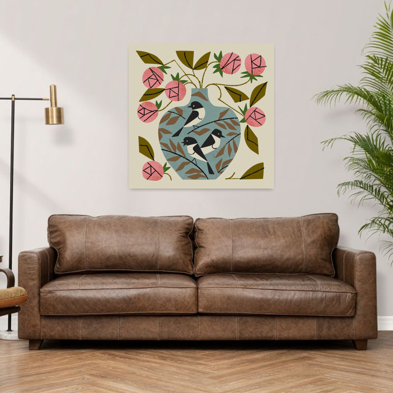 Trois oiseaux roses dans un vase abstrait contemporain, H 36 po x l 36 po