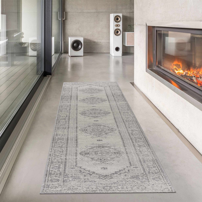 Tapis traditionnel gris clair, gris foncé et beige Eckelman, Tapis de couloir 2 pi 7 po x 12 pi
