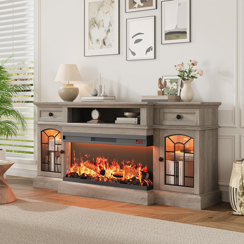 70" Farmhouse Fireplace Tv Stand For Tvs Up To 80", Entertainment Center With 36" 3-side Glass Electric Fireplace With Open Shelf And Cabinet, Tv Console For Living Room, Grey