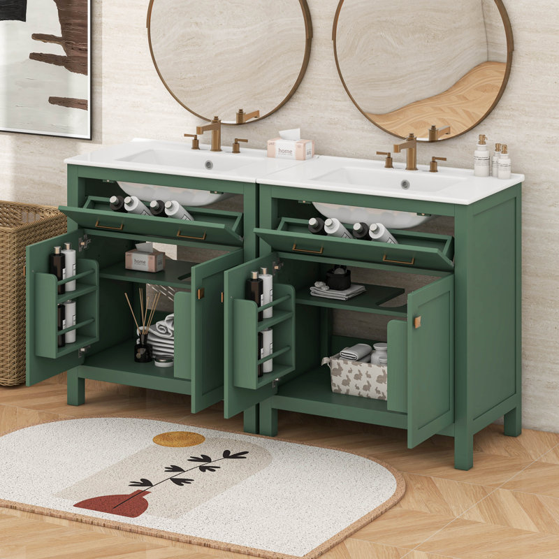 Ensemble de meuble-lavabo 60 po avec double meuble-lavabo et double lavabo en céramique, Vert