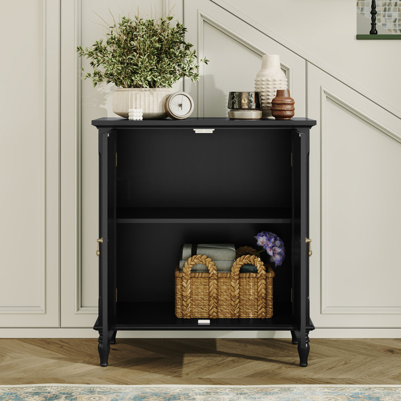 34.5'' Vintage Solid Wood Veneer Buffet Cabinet with Adjustable Shelves, Black, Black