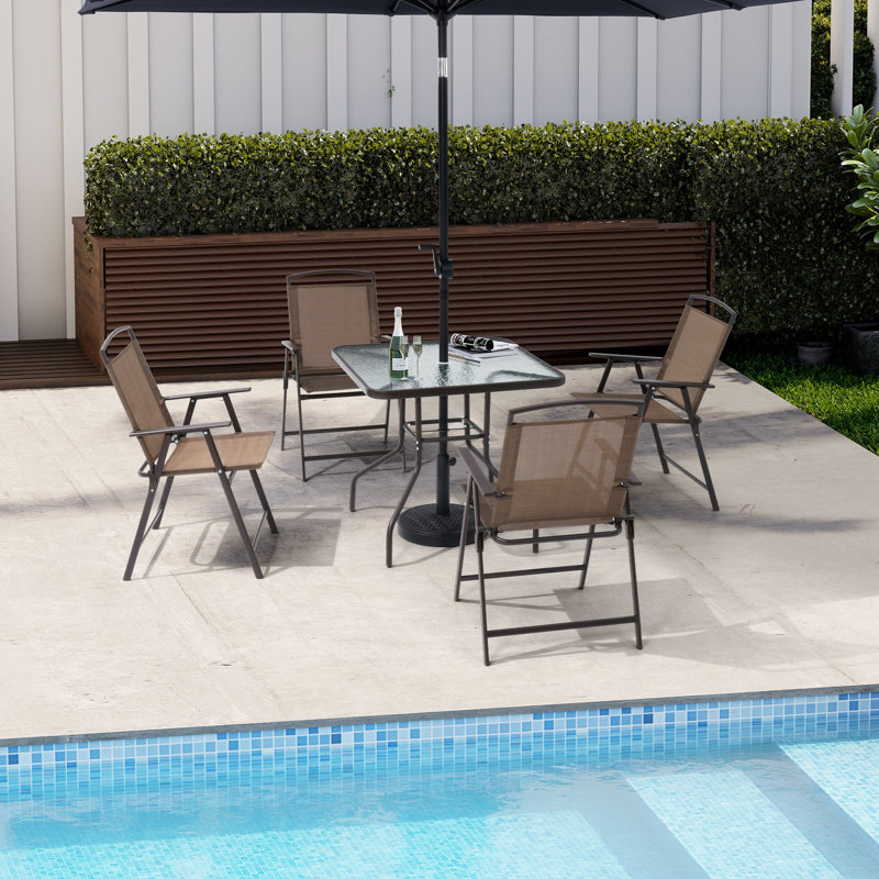 Ensemble de salle à manger de patio pour 4 personnes avec trou Unbrella et chaises pliées Spirit, Brun