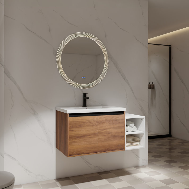 Meuble-lavabo mural avec lavabo de comptoir en résine, tablette et portes à fermeture en douceur, 42"
