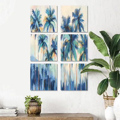 Ensemble de 6 décorations murales bleues et dorées en Californie - Palmiers et palmiers