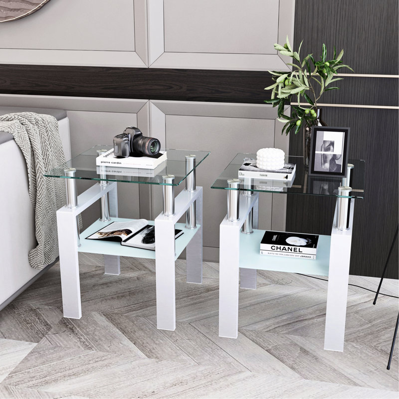 Ensemble de 2, table basse moderne en verre trempé, table de bout, table carrée pour le salon, transparent, Blanc