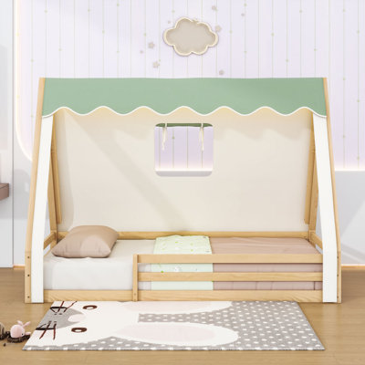 Wood House Floor Bed With LED Light, Tent And Guardrails