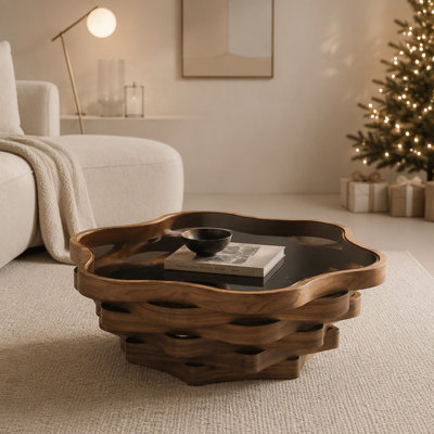 Table basse moderne en forme de nuage avec plateau en verre trempé et base en bois ondulé pour le décor du salon