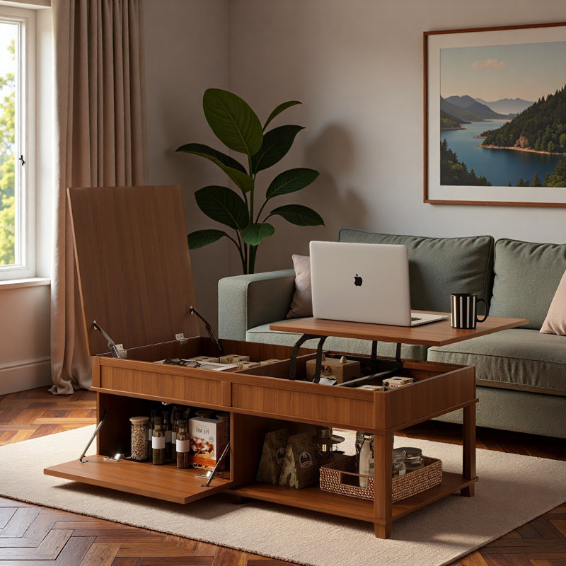 Table basse relevable avec compartiment caché, tablette ouverte et bureau réglable, Brun abricot