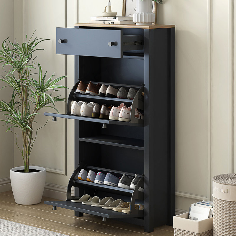 Functional Entryway Organizer With 2 Flip Drawers, Wood Grain Pattern Top Shoe Cabinet With Drawer, Free Standing Shoe Rack With Adjustable Panel For Hallway