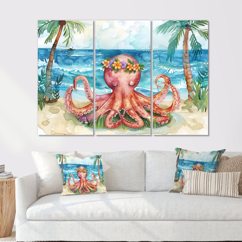 Pieuvre méditant sur la plage à Hawaï - Ensemble de salon art mural poulpe / calmar, Métal métal, H 32 po x l 48 po x P 1 po