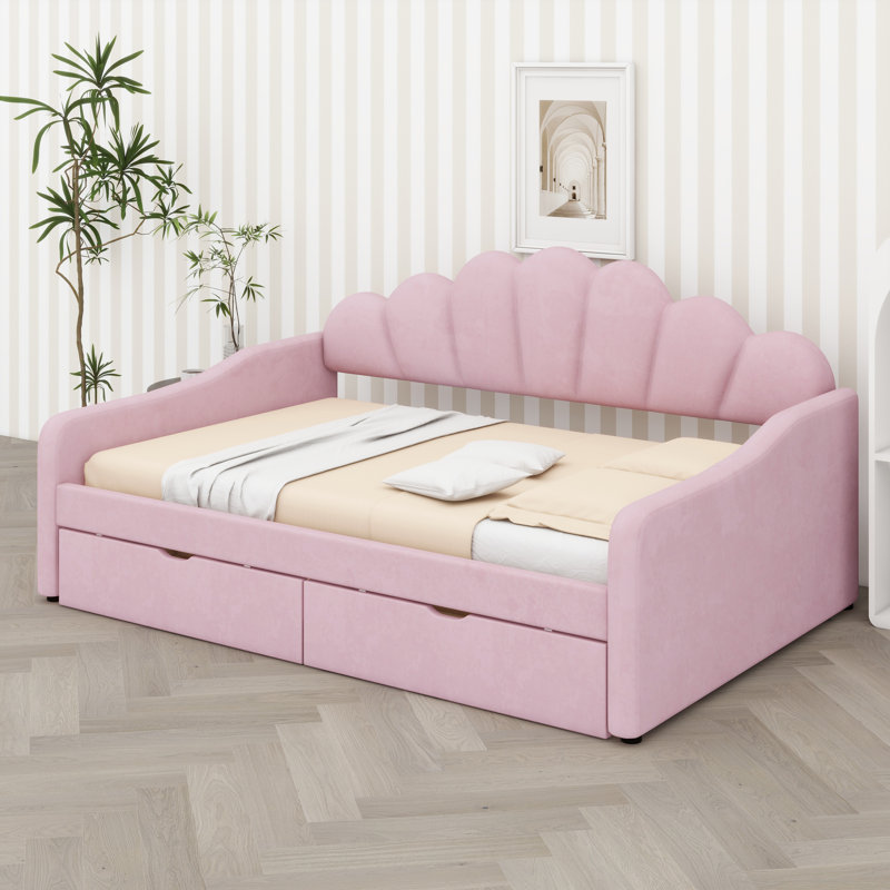 Lit de jour chic avec tête de lit incurvée et tiroirs de rangement dissimulés, Rose