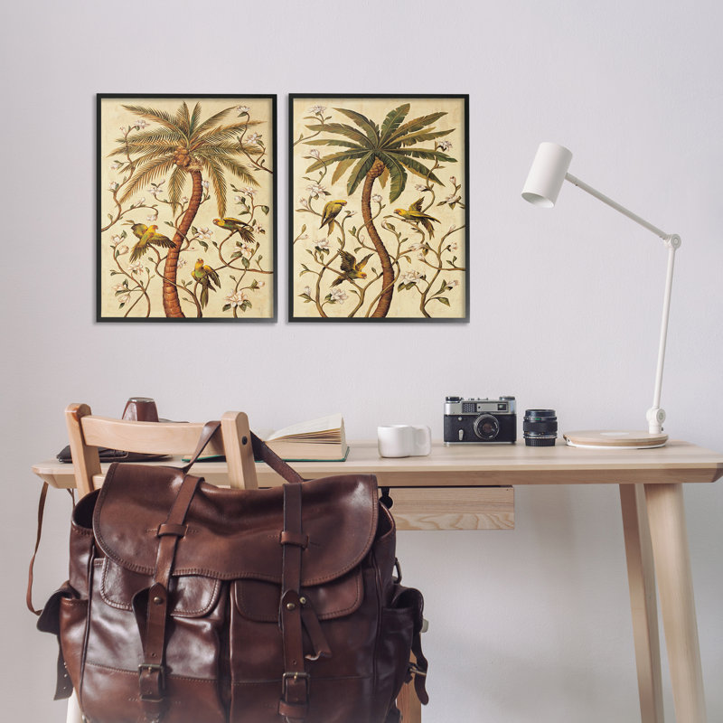  Perroquets et courbes de palmiers, ensemble de 2 giclées par Rodolfo Jimenez, H 24 po x l 16 po, Giclée encadrée noir minuit