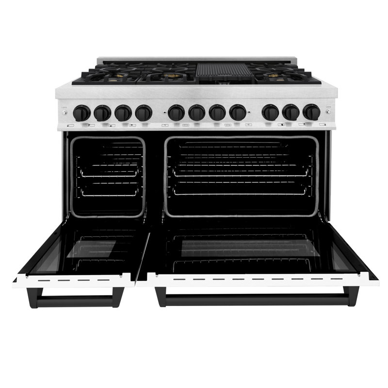 ZLINE Autograph 48" Legacy Dual Fuel Range in DuraSnow®, Matte Black Satin Stainless Steel with White