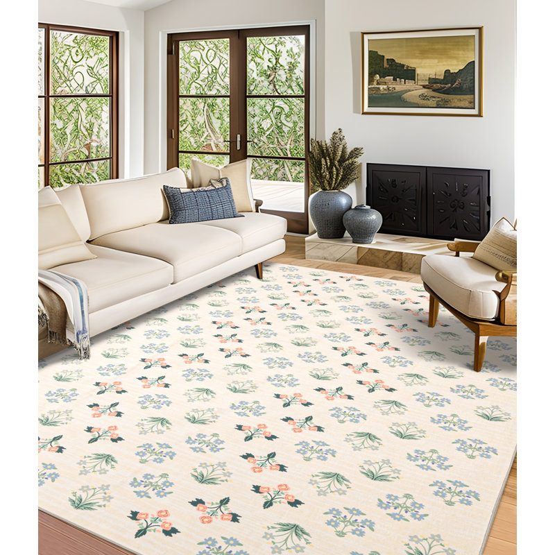 Vintage Blossom Print Machine Washable Area Rug, Rectangle 6' x 9'