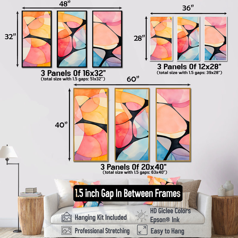 Carreaux géométriques aux couleurs douces IV - Art mural géométrique, Cadre flottant noir, H 28 po x l 36 po x P 1 po