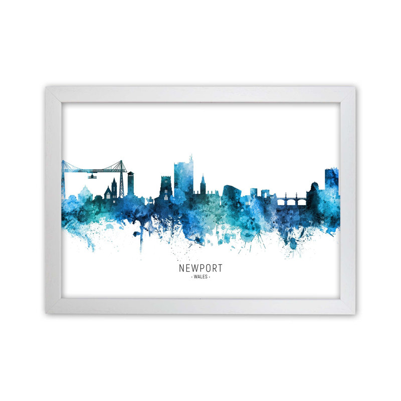 Newport Wales Skyline Blue City Name by Michael Tompsett - Print, White Framed, 25cm H x 34cm W x 3cm D
