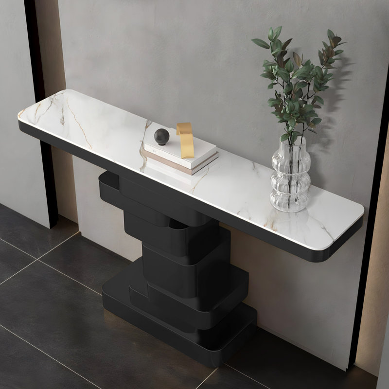 Console moderne 55 po, plateau en marbre manufacturé blanc de haute qualité, structure en métal et acier, Noir
