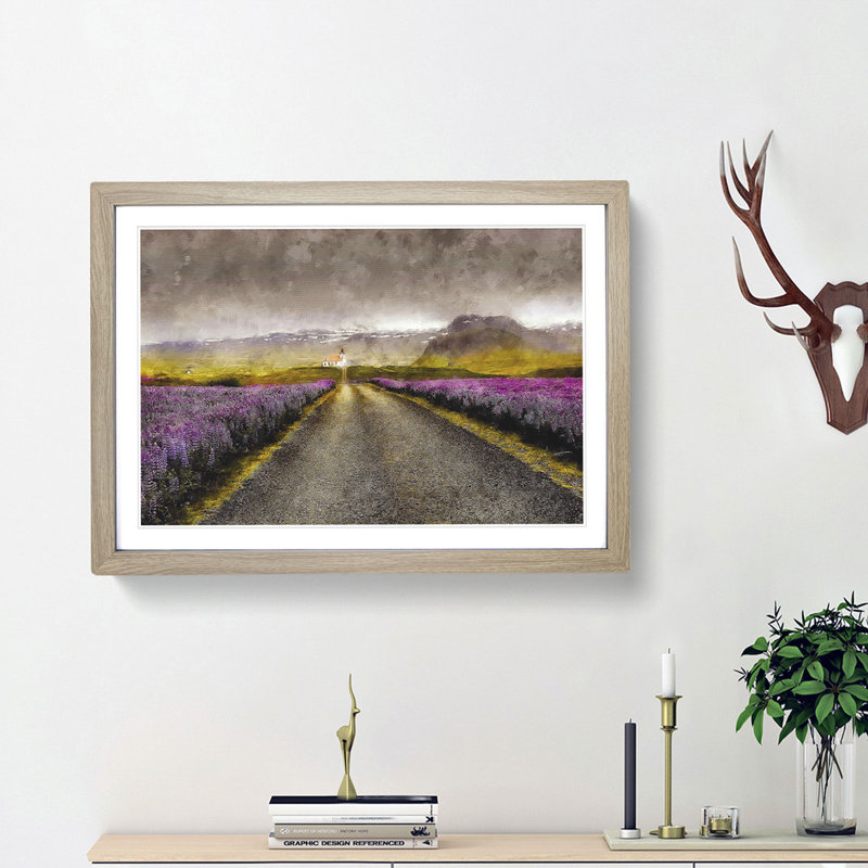 Road to a Church in Iceland - Framed Print, 24cm H x 33cm W x 2cm D, Oak Framed
