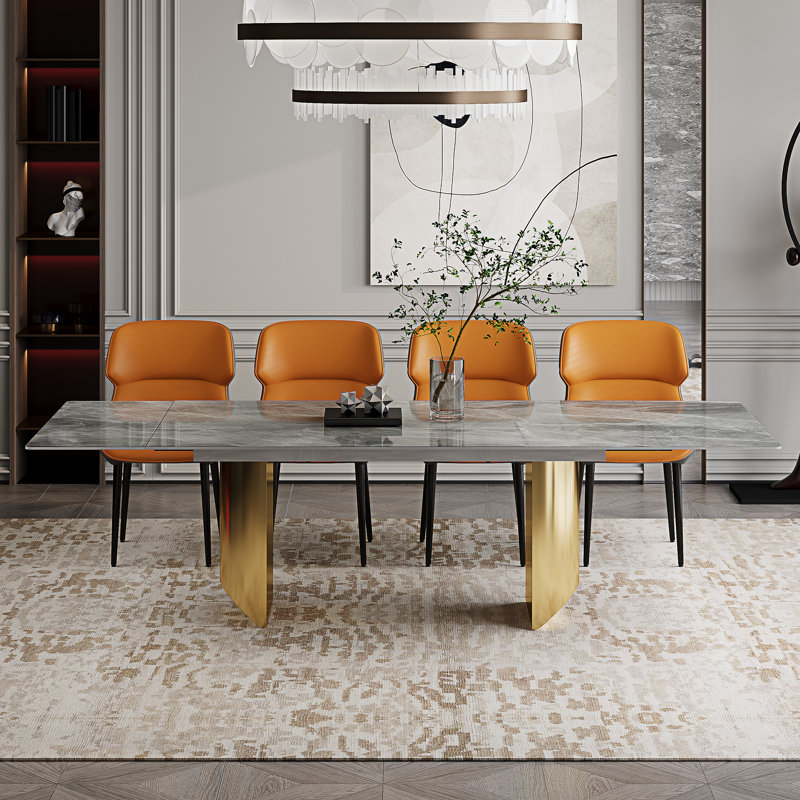 Table de salle à manger extensible de 63 à 94,5 po Subrati avec plateau en pierre frittée et base en acier inoxydable pour 8-10 po