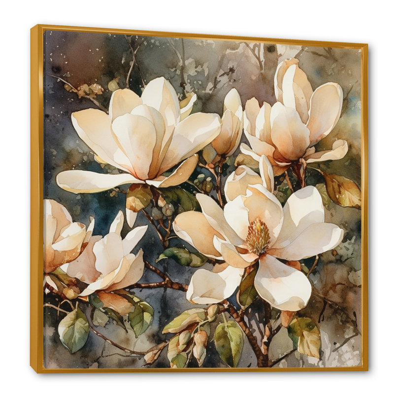 «Cream Magnolia Symphony», reproduction d'art sur toile, H 24 po x l 24 po x P 1 po, Cadre flottant doré