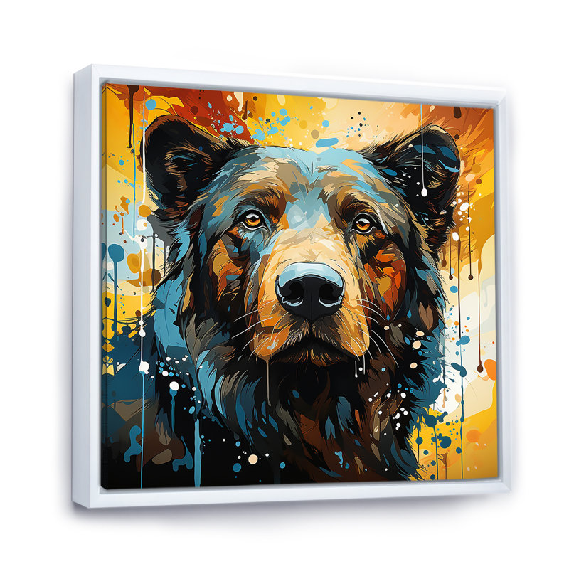 Portrait d'ours bleu et jaune - impressions encadrées d'ours, Cadre flottant blanc, H 30 po x l 30 po x P 1,5 po