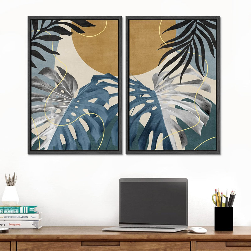Jungle tropicale, feuilles de palmier de Monstera, formes abstraites, art moderne, décoration murale, nature nordique, 2 pièces
