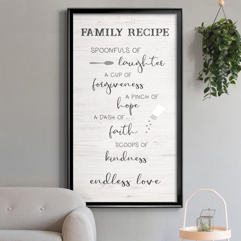 Family Kitchen Recipe - Art textuel sur toile encadré, Toile avec cadre noir, H 10,5 po x l 18,5 po x P 1,5 po