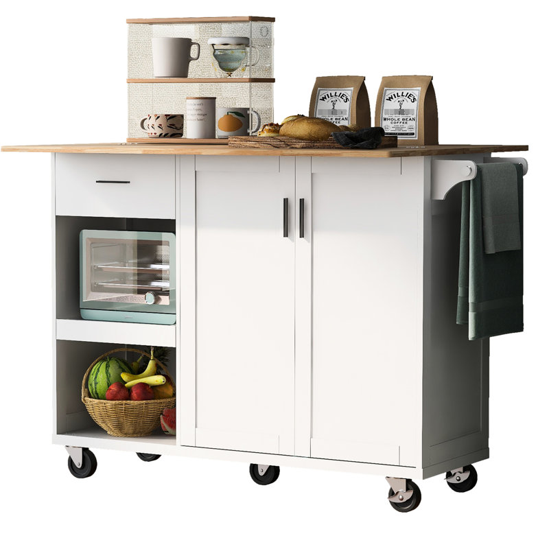 Chariot de rangement de luxe pour cuisine avec comptoir pliant - îlot pliable blanc, porte-serviettes, tiroir, tablette coulissante et roulettes, apparence