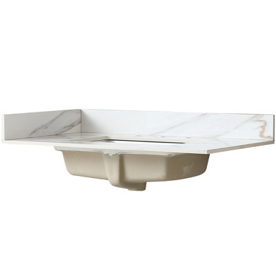 Dessus de meuble-lavabo de salle de bain 37 po - marbre blanc avec veines élégantes, dosseret de 4 po de hauteur, 8 trous de robinet, pierre frittée, dosseret de 4 po à l'épreuve de l'eau et des taches 37 po x 22 po