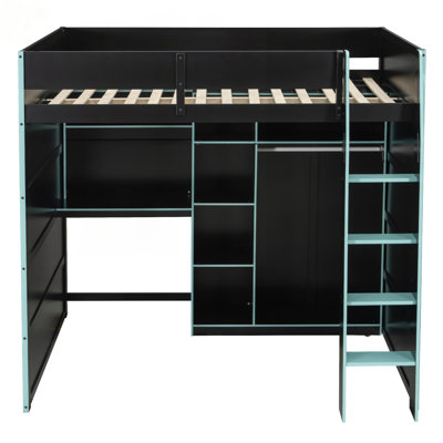 Lit mezzanine en bois pleine grandeur avec bureau, garde-robe ouverte, compartiments de rangement et lumières RVB, bleu nuage