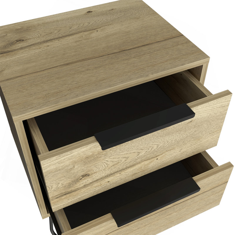 Table de chevet H 22 po, quatre pieds en épingle, deux tiroirs, chêne clair, Beige