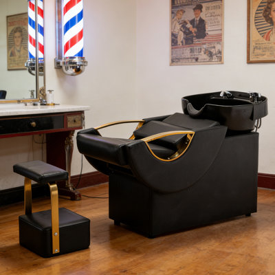 Shampoo Bowl & Chair Set With Footstool, Barber Hair Stylist Backwash Chair With Deep ABS Basin & Neck Rest, Black