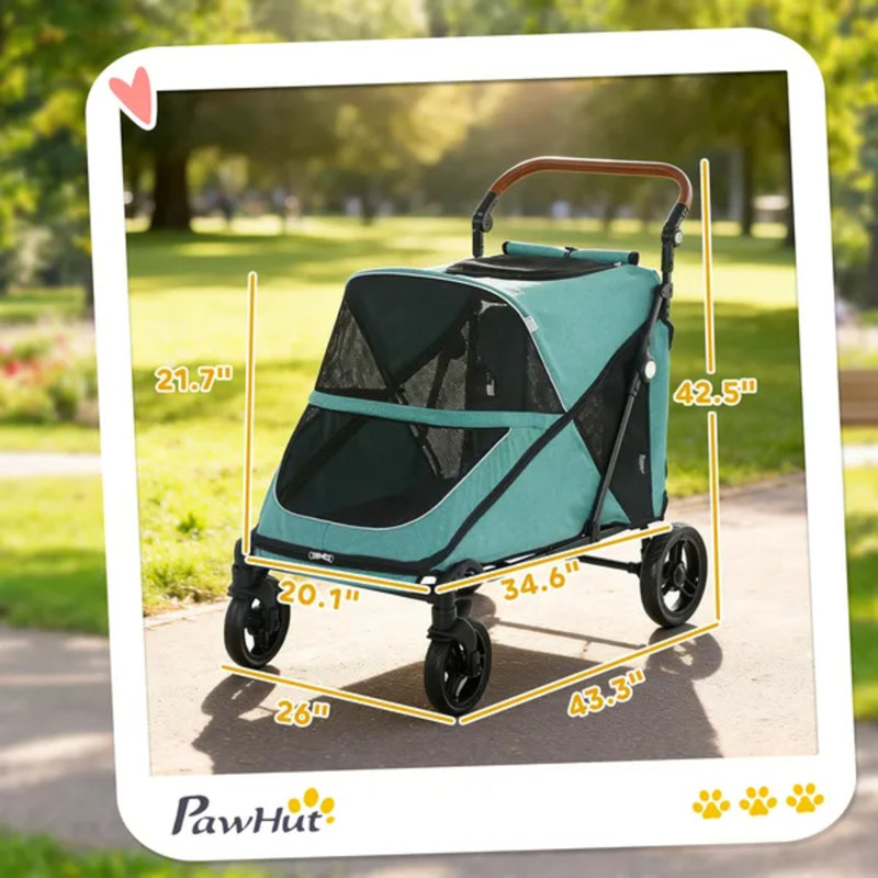 Grande poussette pour chien jusqu'à 66 lb, poussette tout-terrain à suspension à ressort avec poignée réglable à 8 positions - bleu sarcelle