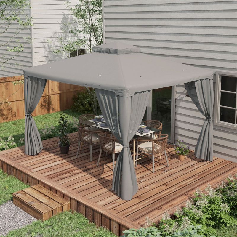 Patio Gazebo, Outdoor Canopy Shelter With 2-Tier Roof And Netting, Steel Frame For Garden, Lawn, Backyard, And Deck, Gray