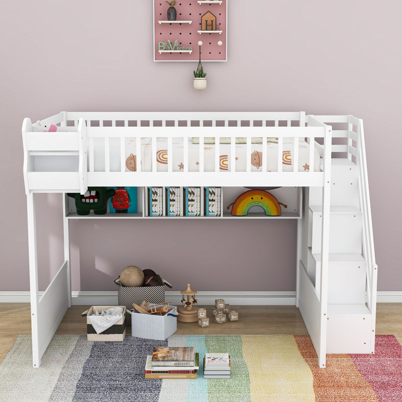 Grand lit mezzanine en bois avec tablettes, garde-robe et garde-corps, Blanc