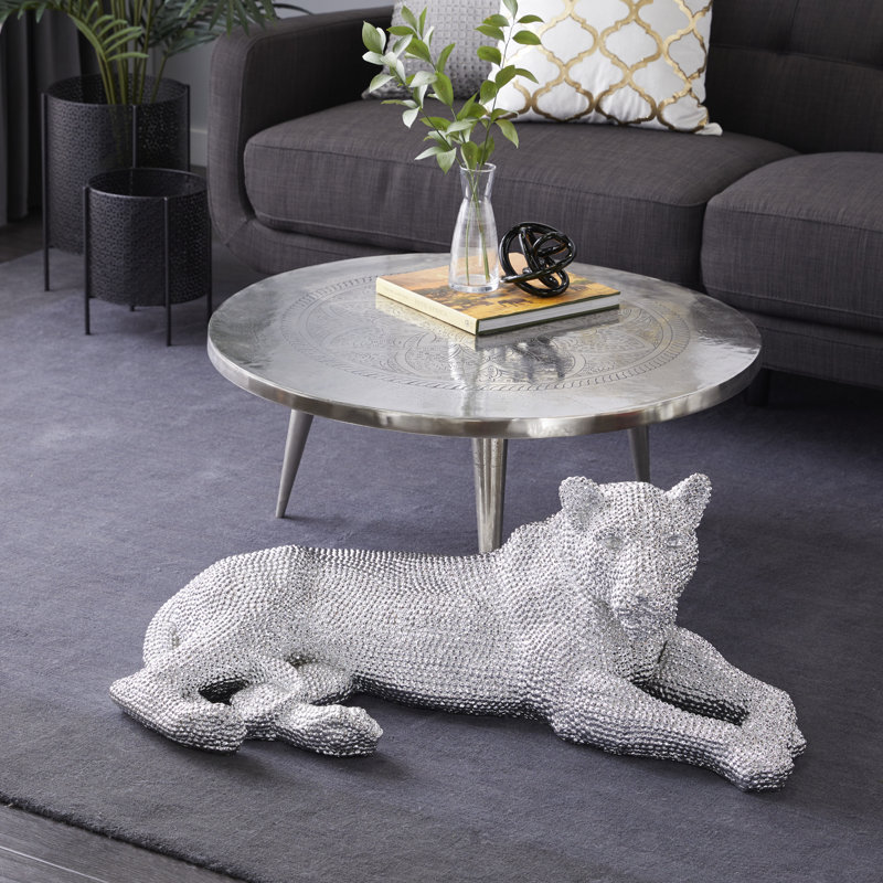 Polystone Floor Leopard Decorative Sculpture with Carved Faceted Diamond Exterior, Silver