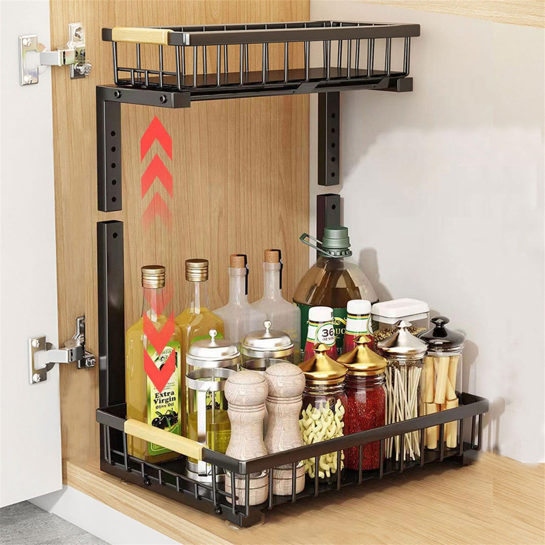 Metal Under Sink Storage Rack, 2 Tier Height Adjustable Kitchen Organizer Rack With 2 Drawers And 4 Anti-Slip Mats