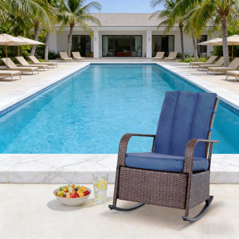 Soft Rocker Chair,Outdoor Rocking Rattan Recliner, Blue