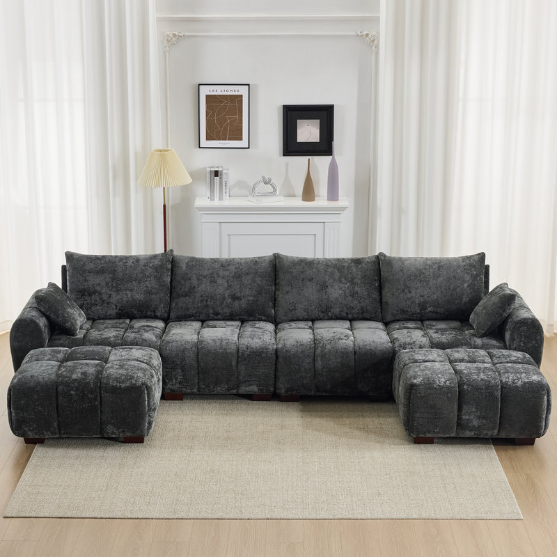 Canapé d'angle modulaire en chenille, canapé 4 places en forme de U avec 2 poufs, canapé convertible infonuagique avec assise profonde, accoudoirs amovibles, pieds en bois massif