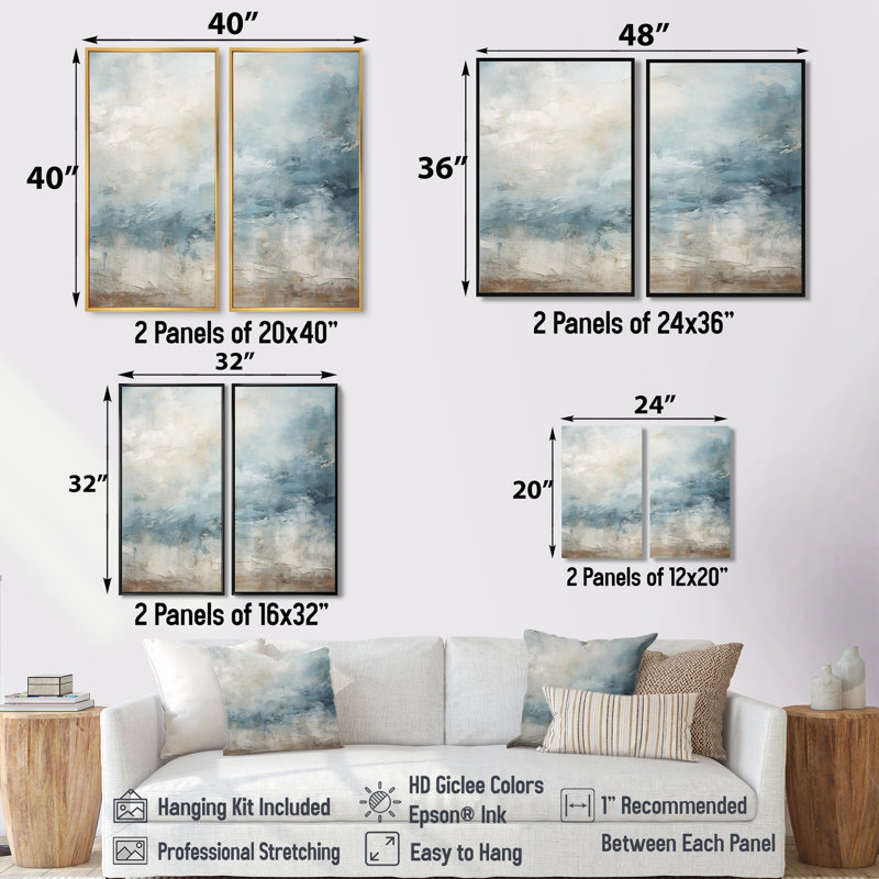 Beige bleu océan tempête I - Formes abstraites, reproduction d'art sur toile, H 36 po x l 48 po, Argent argent