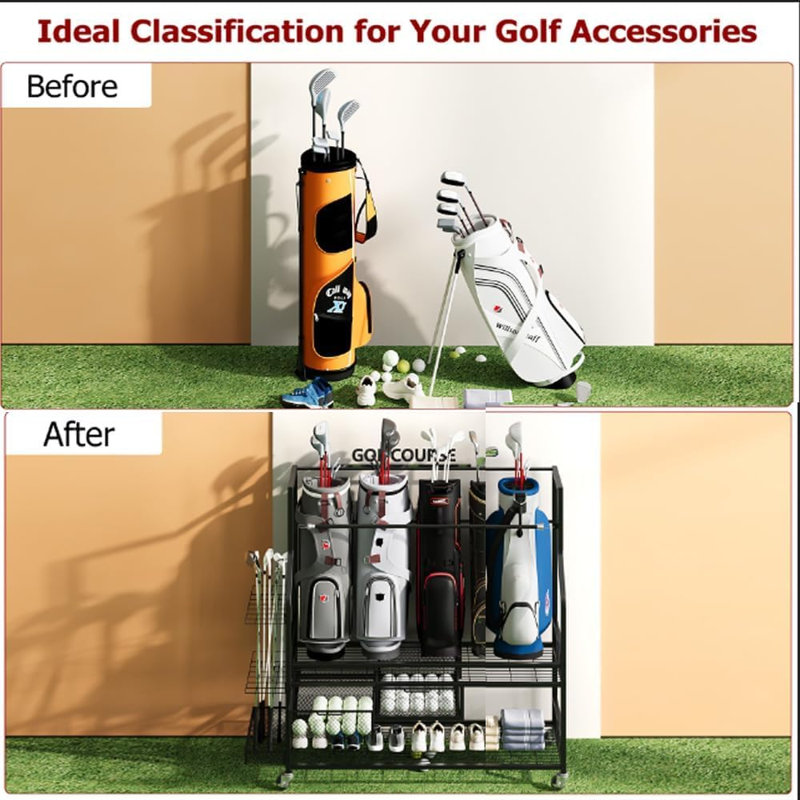 Golf Storage Rack with Drawer & Castors | Extra Large All-in-1 Organiser for 5 Bags, Double-Layer Metal Stand for Equipment Accessories in Garage & Home