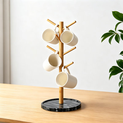 Porte-gobelet en bambou avec 8 crochets, support d'arbre à café robuste pour comptoir, base en marbre antidérapant, porte-gobelet décoratif pour la cuisine