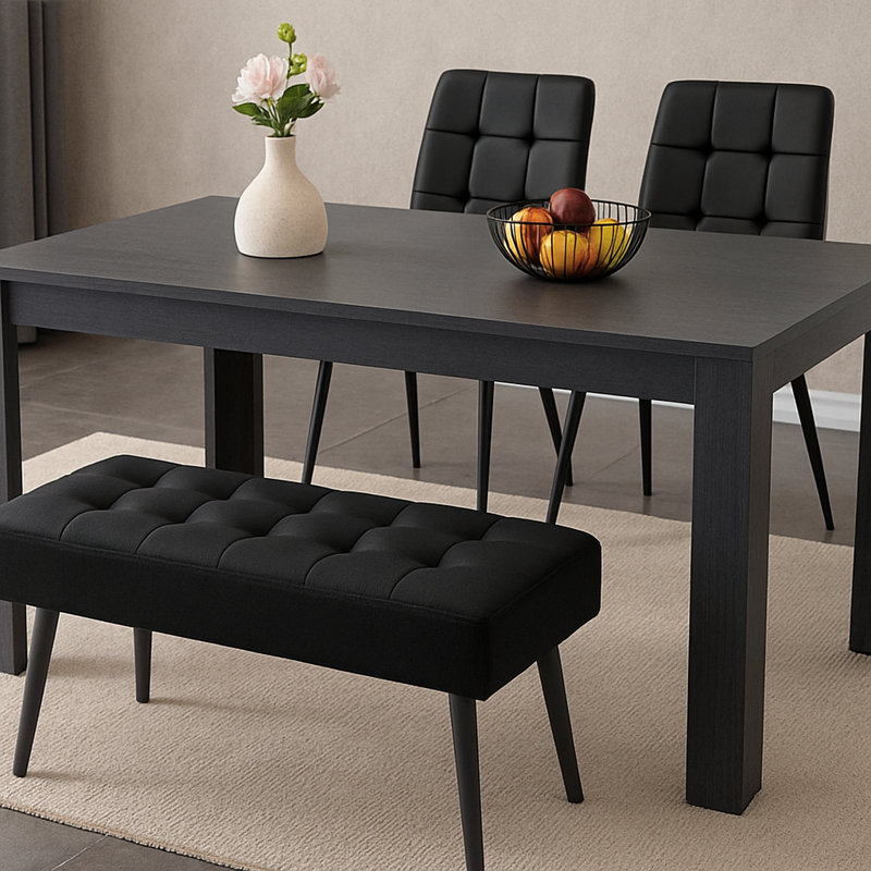 Dining Table With Black Velvet Padded Dining Chairs and Bench Dining Set