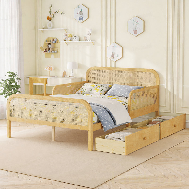 Structure de lit plateforme double avec 2 tiroirs de rangement, lit en rotin pour enfants avec tête et pied de lit, Double