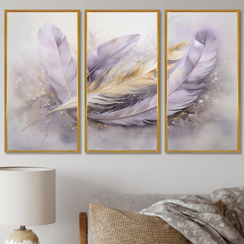 Ensemble d'art mural Tavery - Boho Feather, Cadre flottant doré, H 32 po x l 48 po x P 1 po